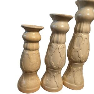 Vintage Pre Loved Cream Pearlescent Marbled Pillar Candle Holders. Set of 3.